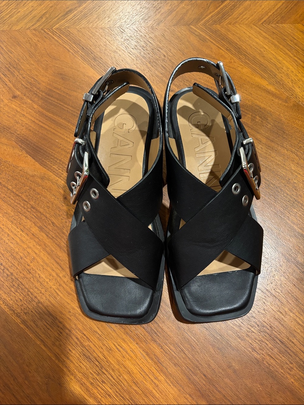 Ganni Black Crisscross Buckle Slingback Sandals